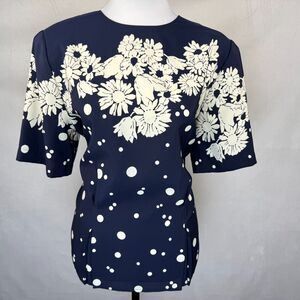 Laura & Jayne Vintage Blouse Sz 10 Blue White Flowers Polka Dots Pleated